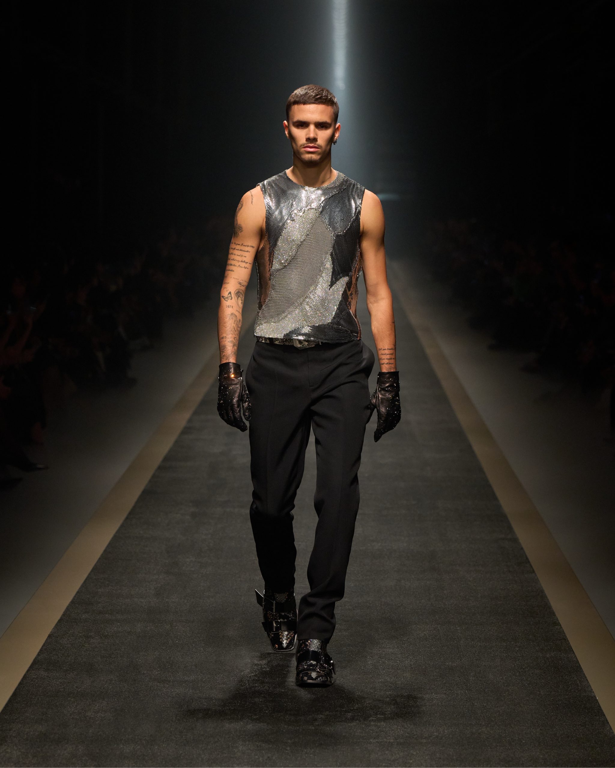 Romeo Beckham makes an appearance in Look 65 (Photo courtesy of Versace) Romeo Beckham makes an appearance in Look 65 (Photo courtesy of Versace)