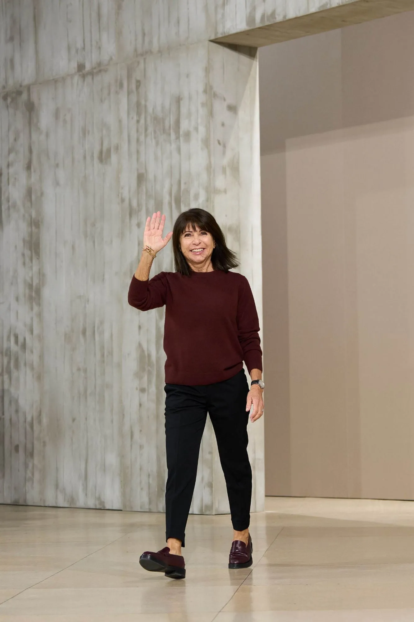 Véronique Nichanian appears at the close of the Hermès FW25 Menswear show during Men's Paris Fashion Week (Photo: Courtesy of Hermès)