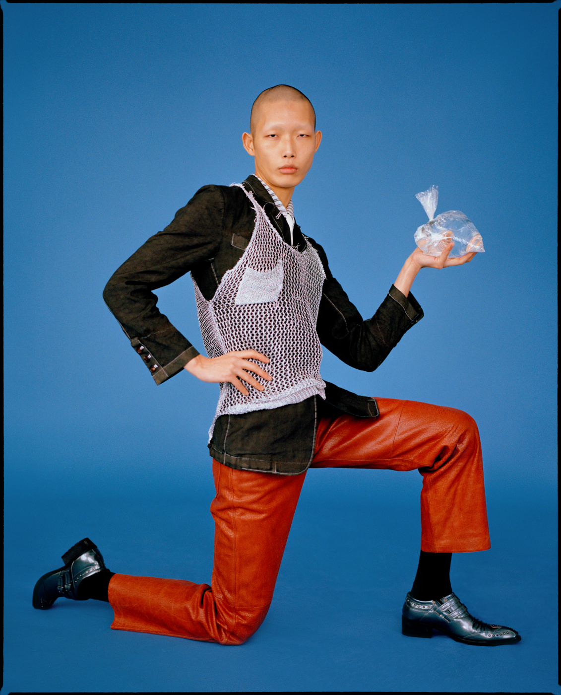 tank vintage, jacket and shirt by SANKUANZ, pants by JEAN PAUL GAULTIER shoes by DUMITRASCU Xu Meen editorial